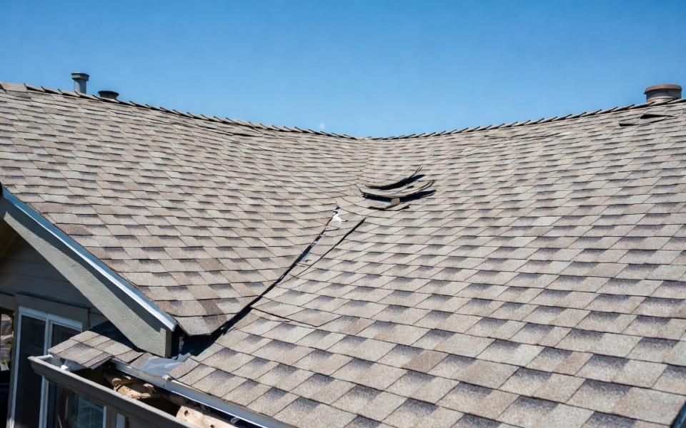 Contractor inspecting a residential asphalt roof during the fall season