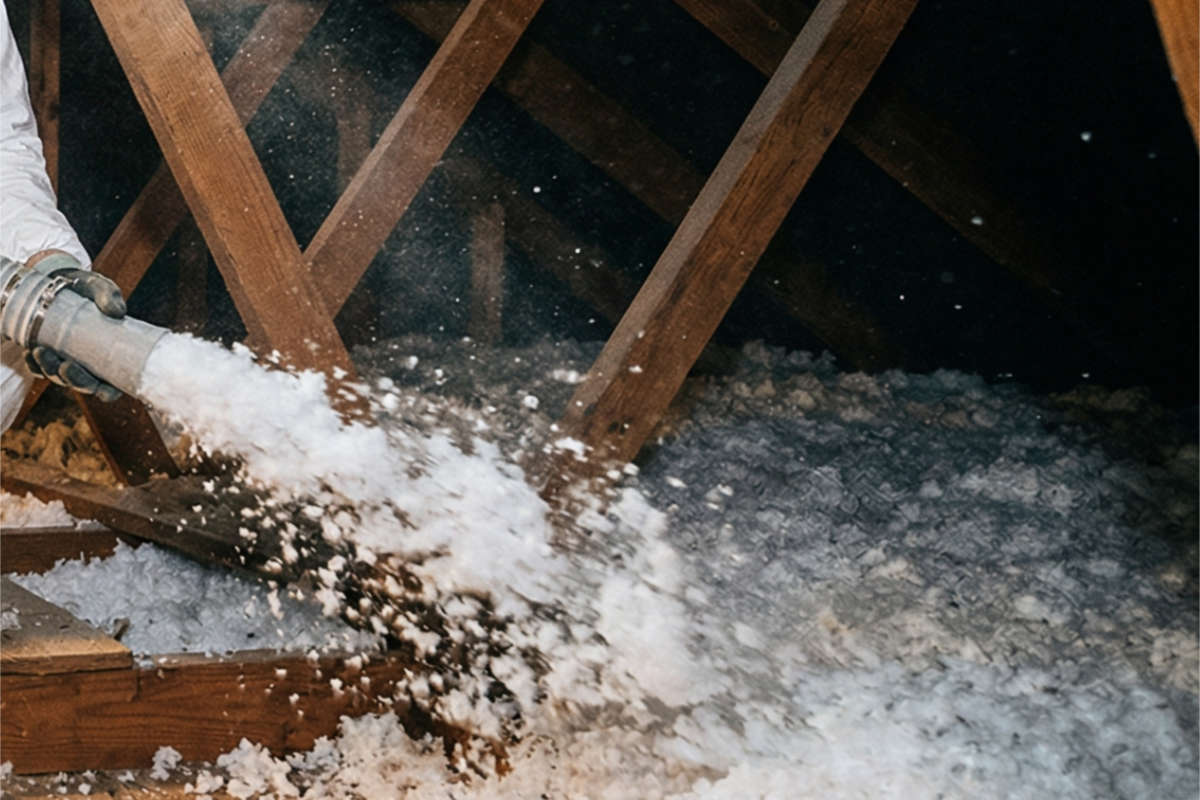 Insulation being blown into attic by Michigan Exterior Pros.