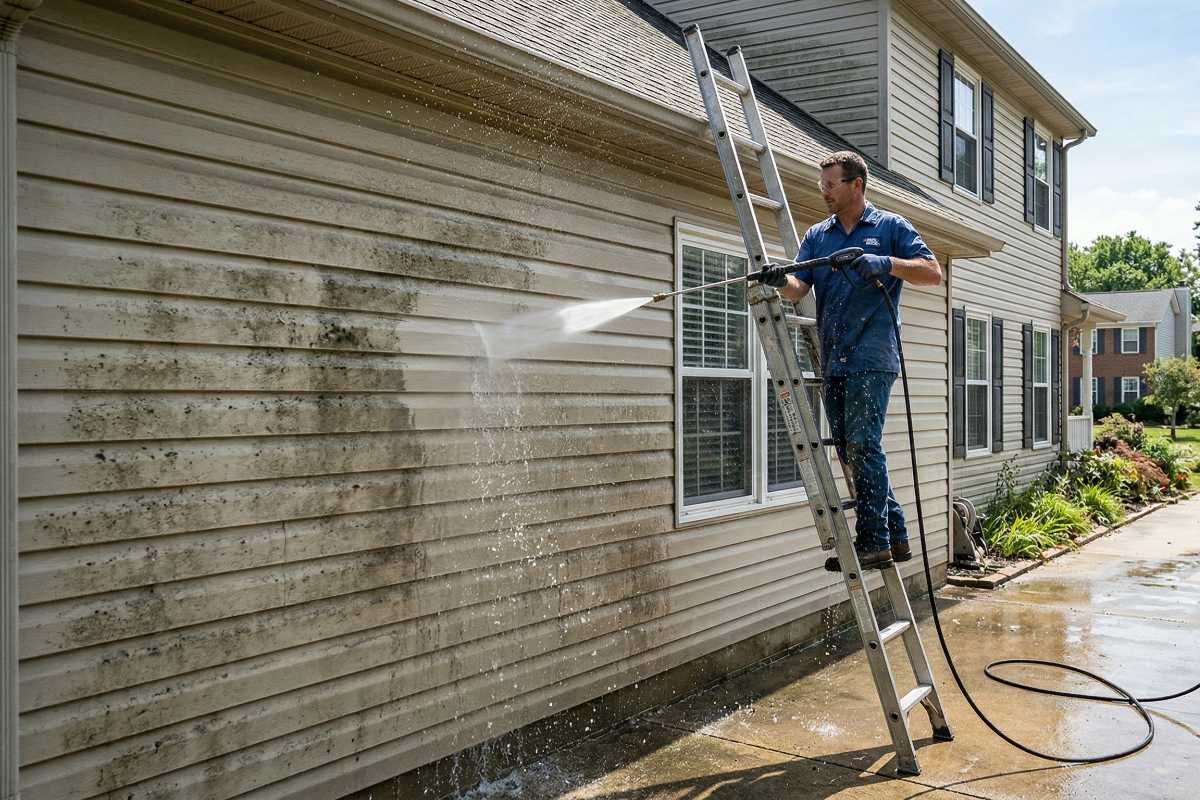 A man power washing a house.
