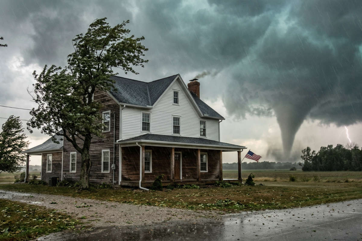 A Michigan farmhouse sitting in the middle of a tornado storm.